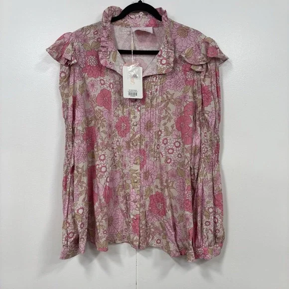 Selkie RARE Tuxedo Blouse Wallflower Pink Ruffle Floral Shirt Plus Size 4X NEW - Picture 2 of 9